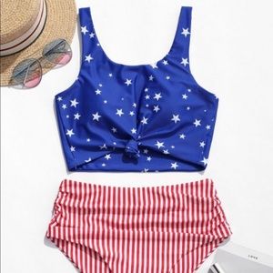 ZAFUL Knot Ruched American Flag Tankini Swimsuit